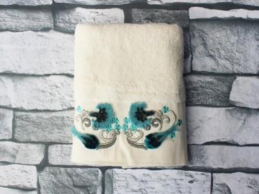 Dowry World Blue Flower Embroidered Dowry Towel - Cream - Thumbnail