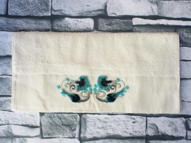 Dowry World Blue Flower Embroidered Dowry Towel - Cream - Thumbnail