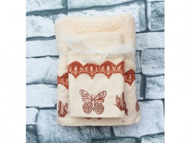 Dowry World Brown Butterfly 2 Liter Towel Set Cream - Thumbnail