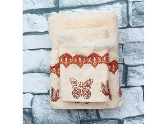Dowry World Brown Butterfly 2 Liter Towel Set Cream