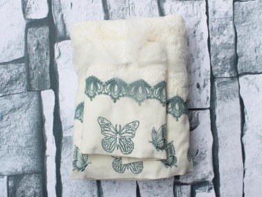 Dowry World Butterfly Embroidered 2 Pcs Towel Set White Turquoise - Thumbnail