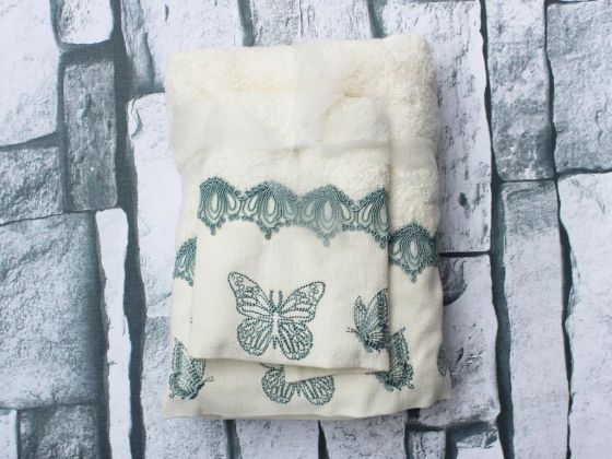 Dowry World Butterfly Embroidered 2 Pcs Towel Set White Turquoise