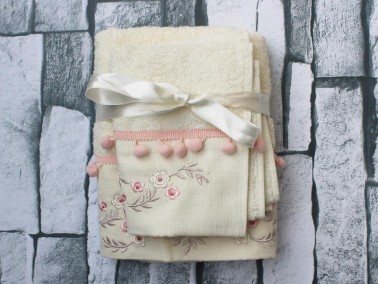 Dowry World Chela Embroidered 2 Pcs Towel Set Cream - Thumbnail