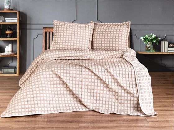 Dowry World Double Plaid Double Sided Bedspread Set Beige