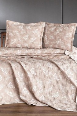 Dowry World Double Butterfly Double Sided Bedspread Set Beige - Thumbnail