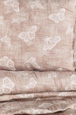 Dowry World Double Butterfly Double Sided Bedspread Set Beige - Thumbnail