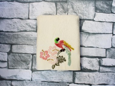 Dowry World Colorful Bird Embroidered Dowry Towel Cream - Thumbnail