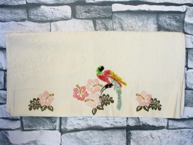 Dowry World Colorful Bird Embroidered Dowry Towel Cream - Thumbnail