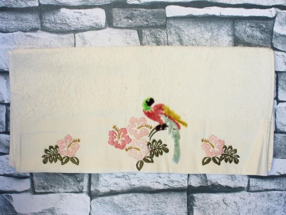 Dowry World Colorful Bird Embroidered Dowry Towel Cream
