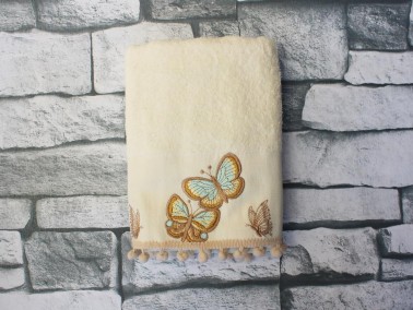 Dowry World Colorful Butterfly Embroidered Dowry Towel Cream - Thumbnail