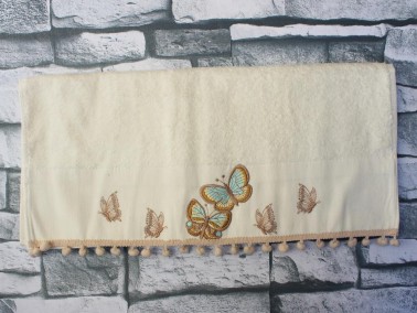 Dowry World Colorful Butterfly Embroidered Dowry Towel Cream - Thumbnail