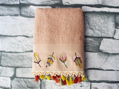Dowry World Colorful Leaf Embroidered Dowery Towel Salmon - Thumbnail