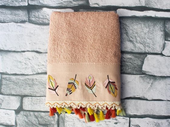 Dowry World Colorful Leaf Embroidered Dowery Towel Salmon