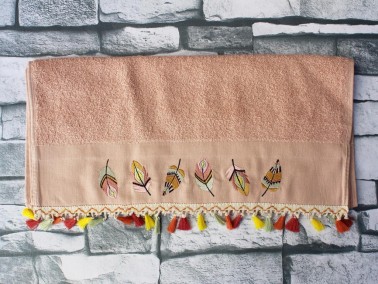 Dowry World Colorful Leaf Embroidered Dowery Towel Salmon - Thumbnail