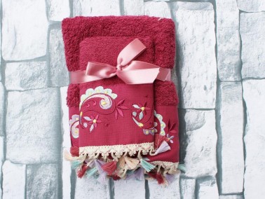 Dowry World Delfina Embroidered 2 Pcs Towel Set Fuchsia - Thumbnail