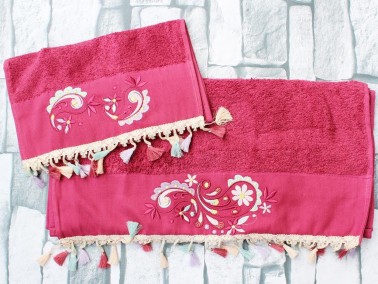 Dowry World Delfina Embroidered 2 Pcs Towel Set Fuchsia - Thumbnail