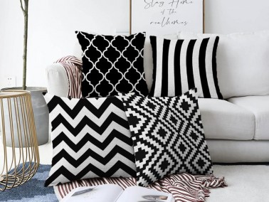 Dowry World Digital Printing 4 Pcs Amata Pillow Cover Black White - Thumbnail