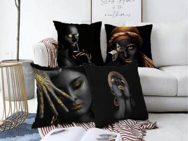 Dowry World Digital Printing 4 Pcs Carine Pillow Cover Black - Thumbnail