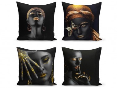 Dowry World Digital Printing 4 Pcs Carine Pillow Cover Black - Thumbnail