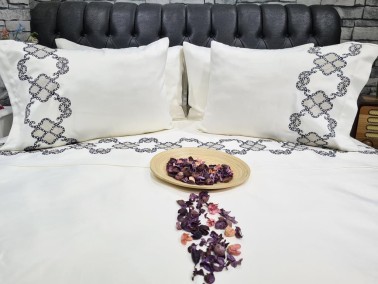 Dowry Land Dior Cotton Satin Duvet Cover Set Cappucino Navy Blue - Thumbnail