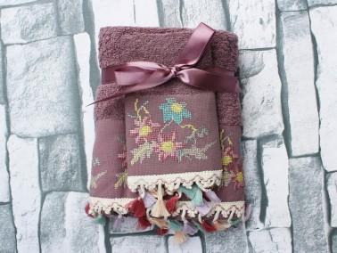 Dowry World Diva Embroidered 2 Pcs Towel Set - Plum - Thumbnail