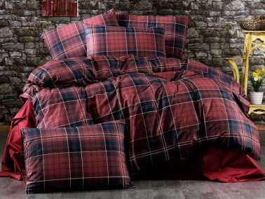 Dowry World - Dowry World Plaid Gold Double Duvet Cover Set Claret Red