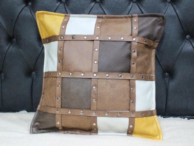 Dowry World Esquize Leather Cushion Cover Coffee - Thumbnail