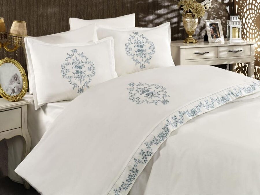 Dowry Land Eternal Embroidered Duvet Cover Set Cream Petrol