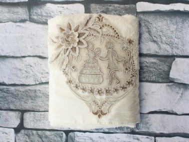  Dowry World Family Embroidered Dowery Towel Cream - Thumbnail