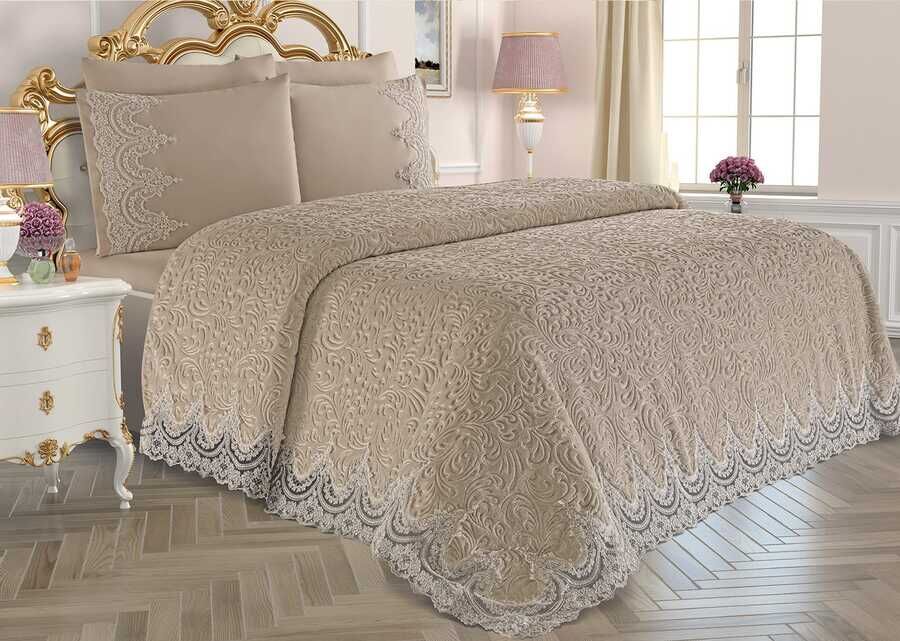  Dowry World French Laced Lisa Blanket Set Cappucino