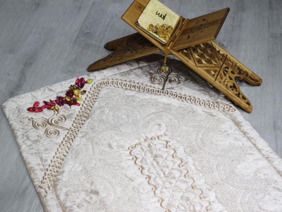 Land of Dowry French Guipure Lisa Velvet Prayer Rug Cappucino