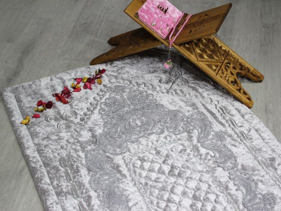 Dowry World French Guipureed Lisa Velvet Prayer Rug Gray