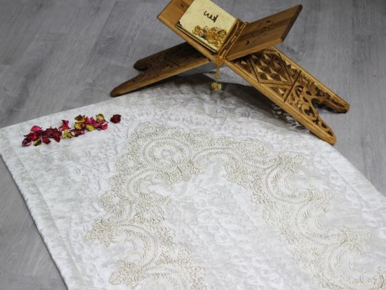 Land of Dowry French Guipure Lisa Velvet Prayer Rug Cream Gold