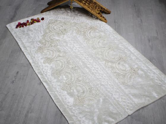 Land of Dowry French Guipure Lisa Velvet Prayer Rug Cream Gold