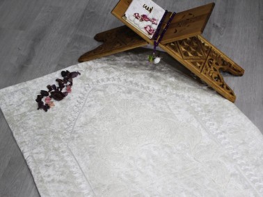 Land of Dowry French Guipure Lisa Velvet Prayer Rug Cream Cream - Thumbnail