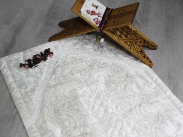 Land of Dowry French Guipure Lisa Velvet Prayer Rug Cream Silver - Thumbnail