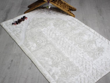 Land of Dowry French Guipure Lisa Velvet Prayer Rug Cream Silver - Thumbnail