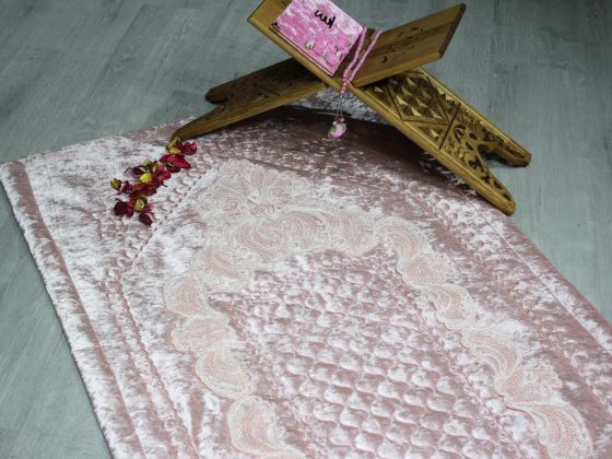 Land of Dowry French Guipure Lisa Velvet Prayer Rug Powder