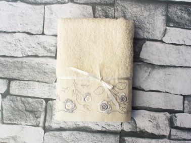 Dowry World Gray Flower Embroidered Dowry Towel Cream - Thumbnail