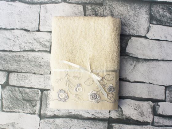 Dowry World Gray Flower Embroidered Dowry Towel Cream