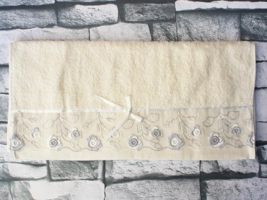 Dowry World Gray Flower Embroidered Dowry Towel Cream - Thumbnail