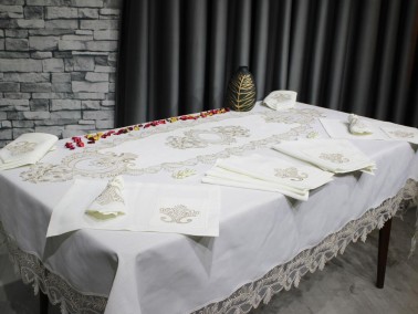 Dowry Land Gülfem 8 Person Table Cloth Set Cream Cappucino - Thumbnail