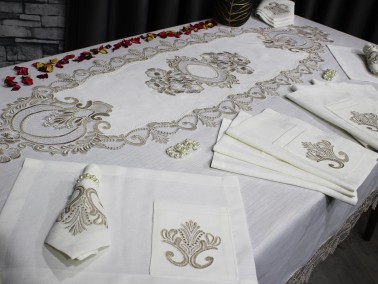 Dowry Land Gülfem 8 Person Table Cloth Set Cream Cappucino - Thumbnail