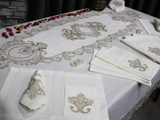 Dowry Land Gülfem 8 Person Table Cloth Set Cream Cappucino