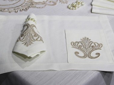 Dowry Land Gülfem 8 Person Table Cloth Set Cream Cappucino - Thumbnail