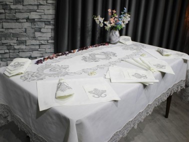 Dowry Land Gülfem 8 Person Table Cloth Set Cream Silver - Thumbnail