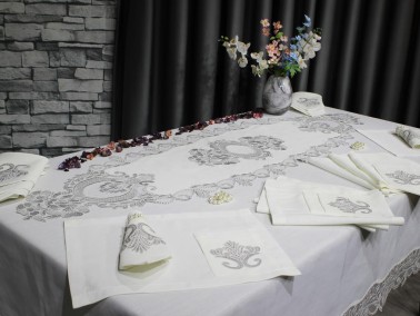 Dowry Land Gülfem 8 Person Table Cloth Set Cream Silver - Thumbnail