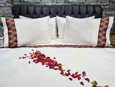 Dowry Land Hazal Cotton Satin Duvet Cover Set Cream Claret Red - Thumbnail