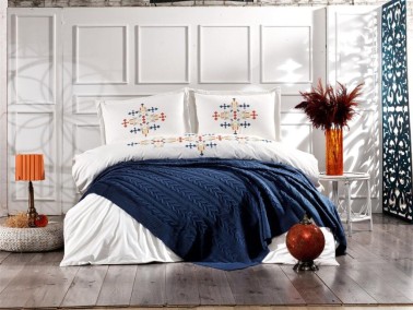 Çeyiz Diyarı - Dowry Land Cross Stitch Double Knitwear Blanket Set Indigo Çeyiz Diyarı - Dowry Land Cross Stitch Double Knitwear Blanket Set Indigo