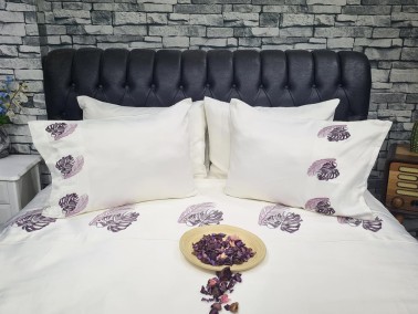 Dowry World Leaf Cotton Satin Duvet Cover Set Cream Lilac - Thumbnail